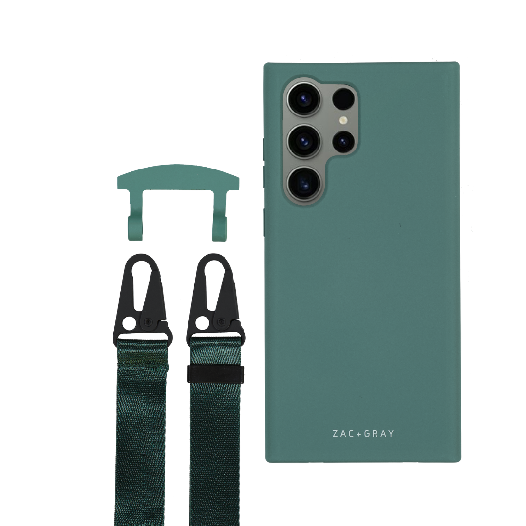 a green phone case with a pair of suspenders next to it