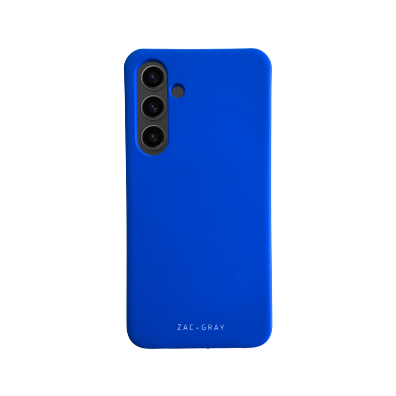 the back of a blue case on a white background