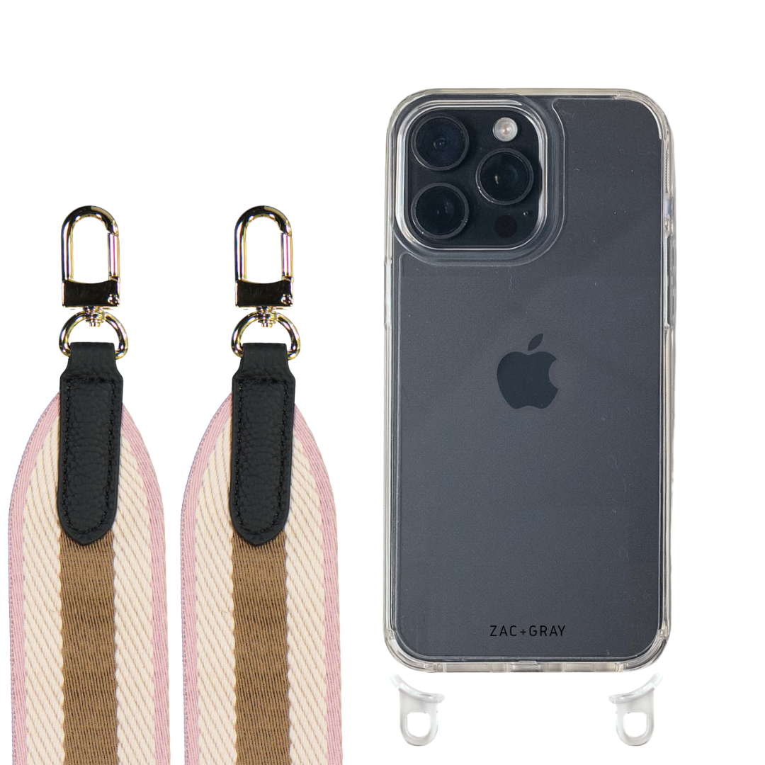 iPhone 16 Pro CRYSTAL CLEAR TRANSPARENT CASE + PATTERNED STRAP