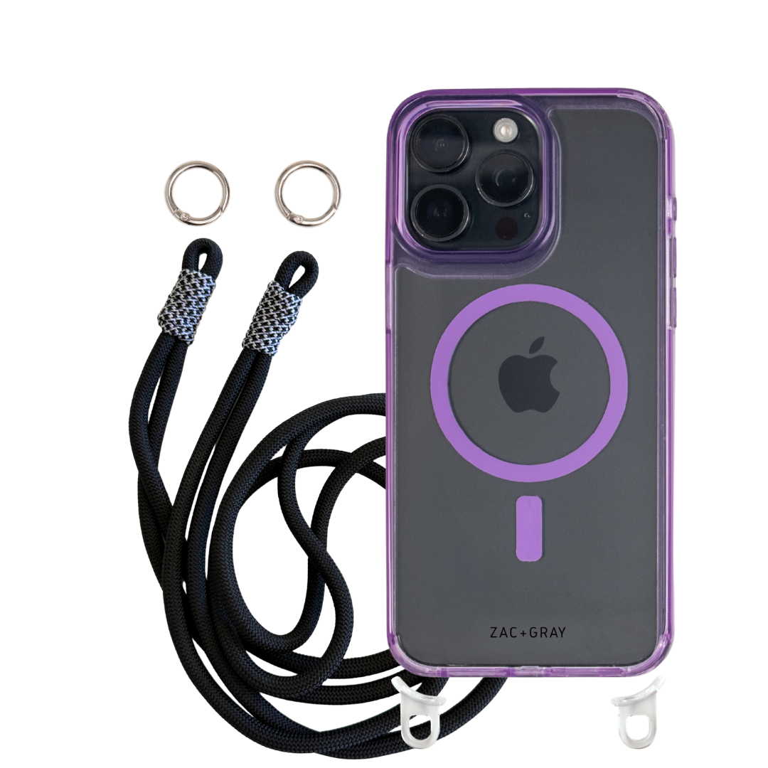 iPhone 14 Plus and 15 Plus LAVENDER TRANSPARENT CASE + KNOTTED CORD