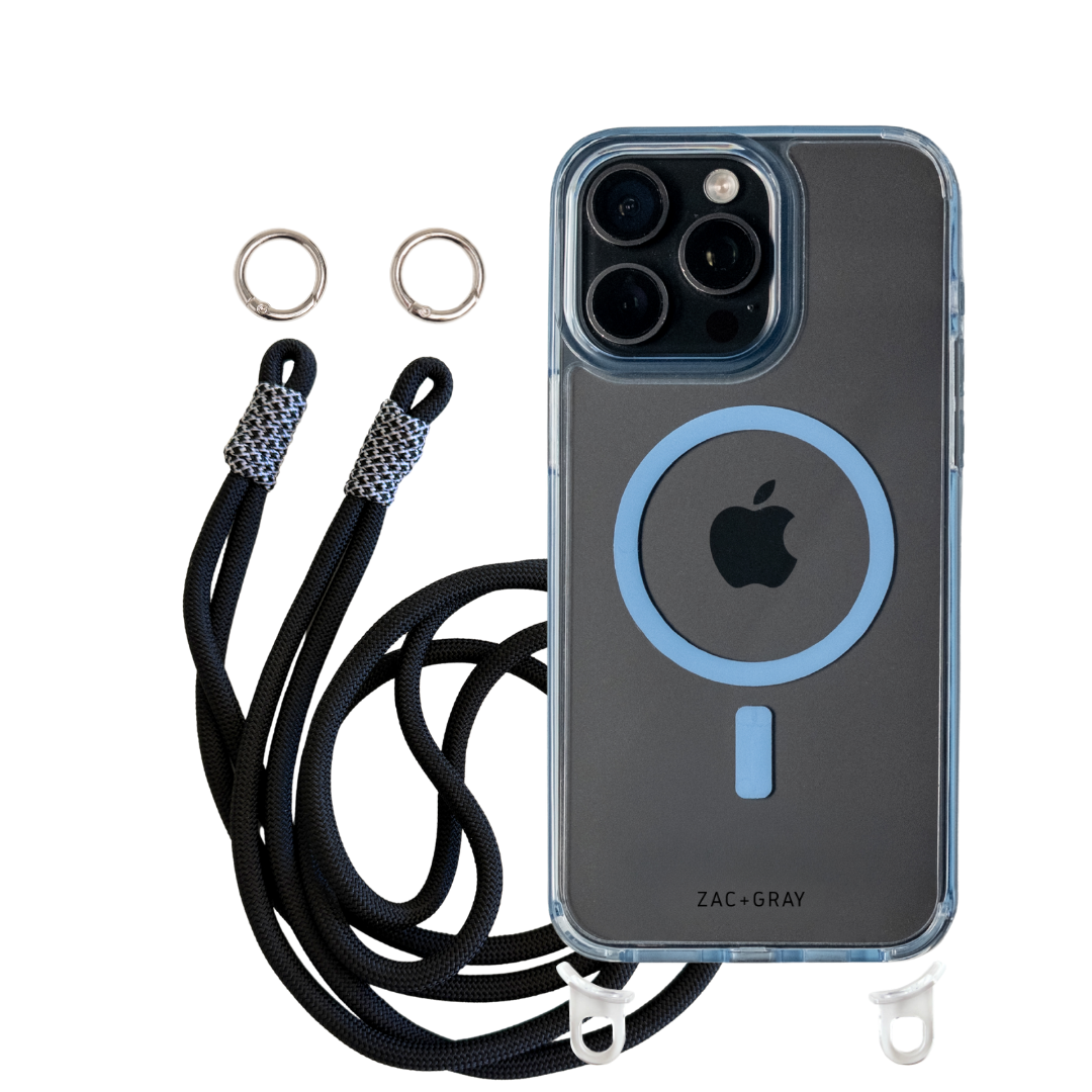 iPhone 16 Pro Max SKY BLUE TRANSPARENT CASE + KNOTTED CORD