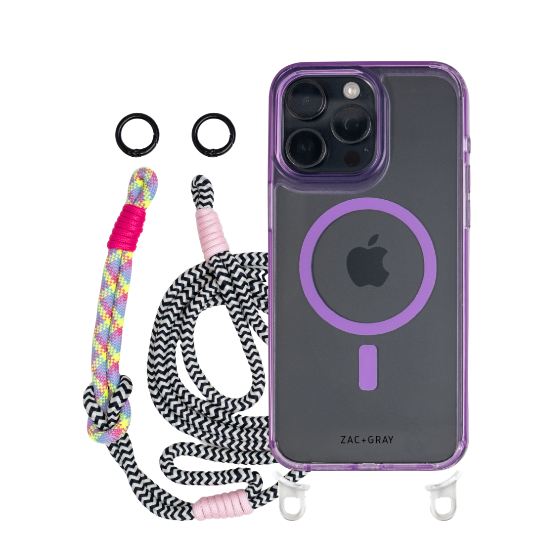 iPhone 14 Plus and 15 Plus LAVENDER TRANSPARENT CASE + KNOTTED CORD