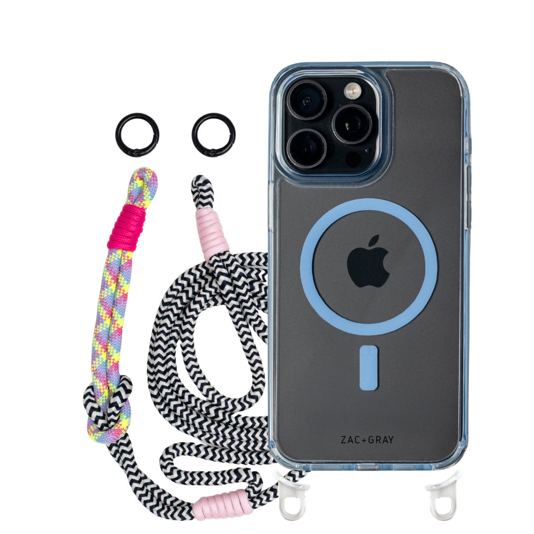 iPhone 16 Pro Max SKY BLUE TRANSPARENT CASE + KNOTTED CORD