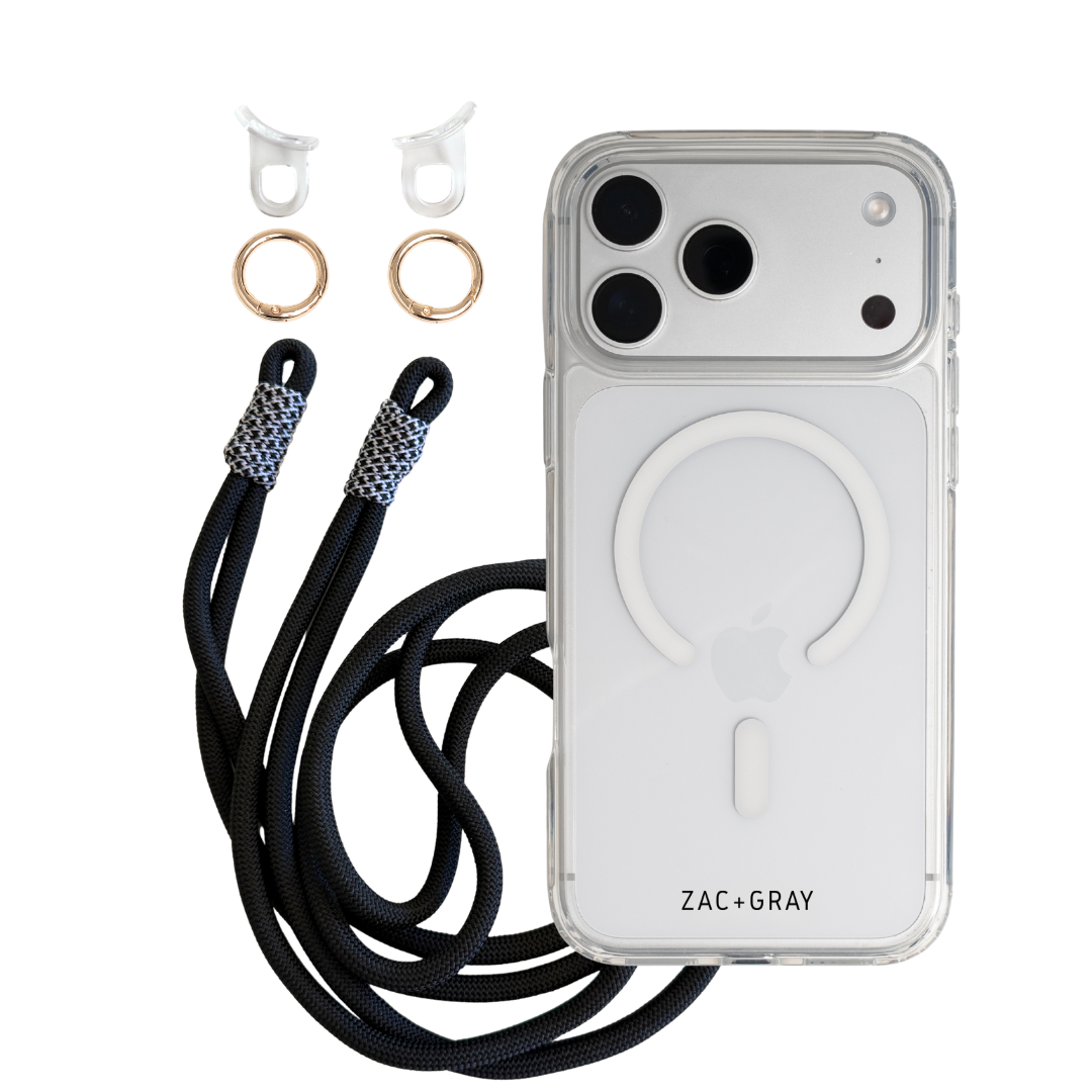 CRYSTAL CLEAR TRANSPARENT CASE WITH MIDNIGHT BLOOM KNOTTED CORD - MAGSAFE