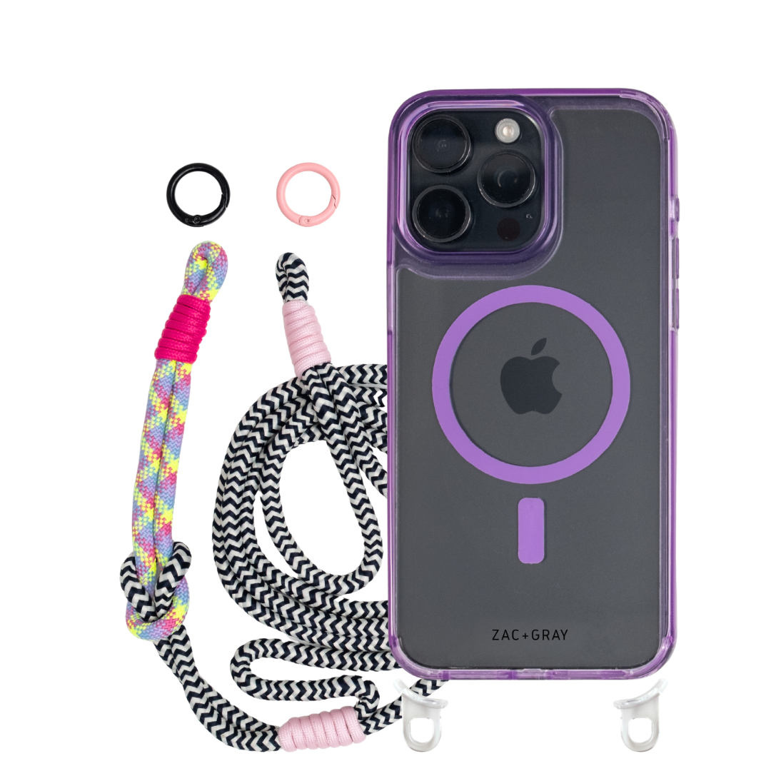 iPhone 14 Plus and 15 Plus LAVENDER TRANSPARENT CASE + KNOTTED CORD