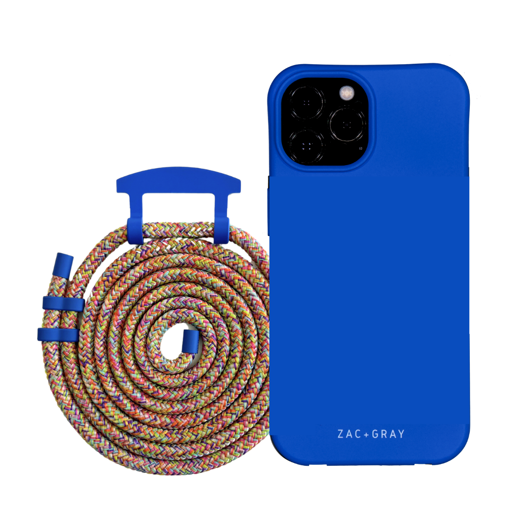 a blue phone case next to a blue hose