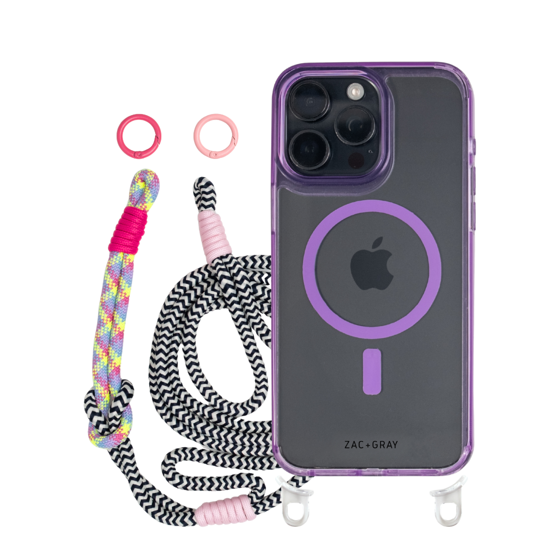 iPhone 14 Plus and 15 Plus LAVENDER TRANSPARENT CASE + KNOTTED CORD