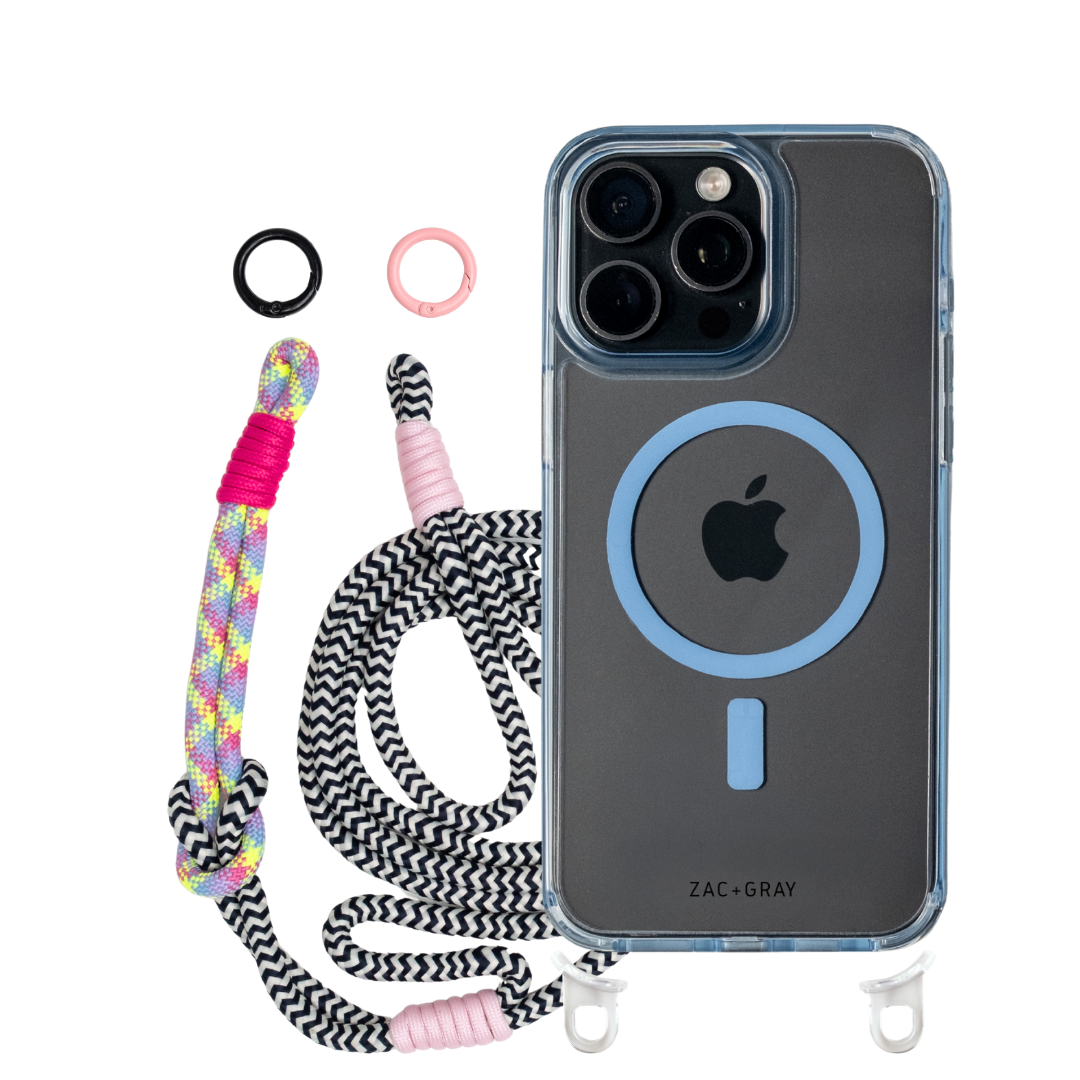 iPhone 16 Pro Max SKY BLUE TRANSPARENT CASE + KNOTTED CORD