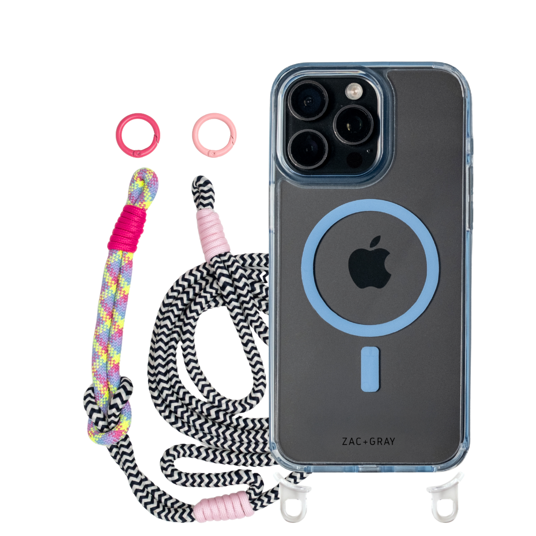 iPhone 16 Pro Max SKY BLUE TRANSPARENT CASE + KNOTTED CORD