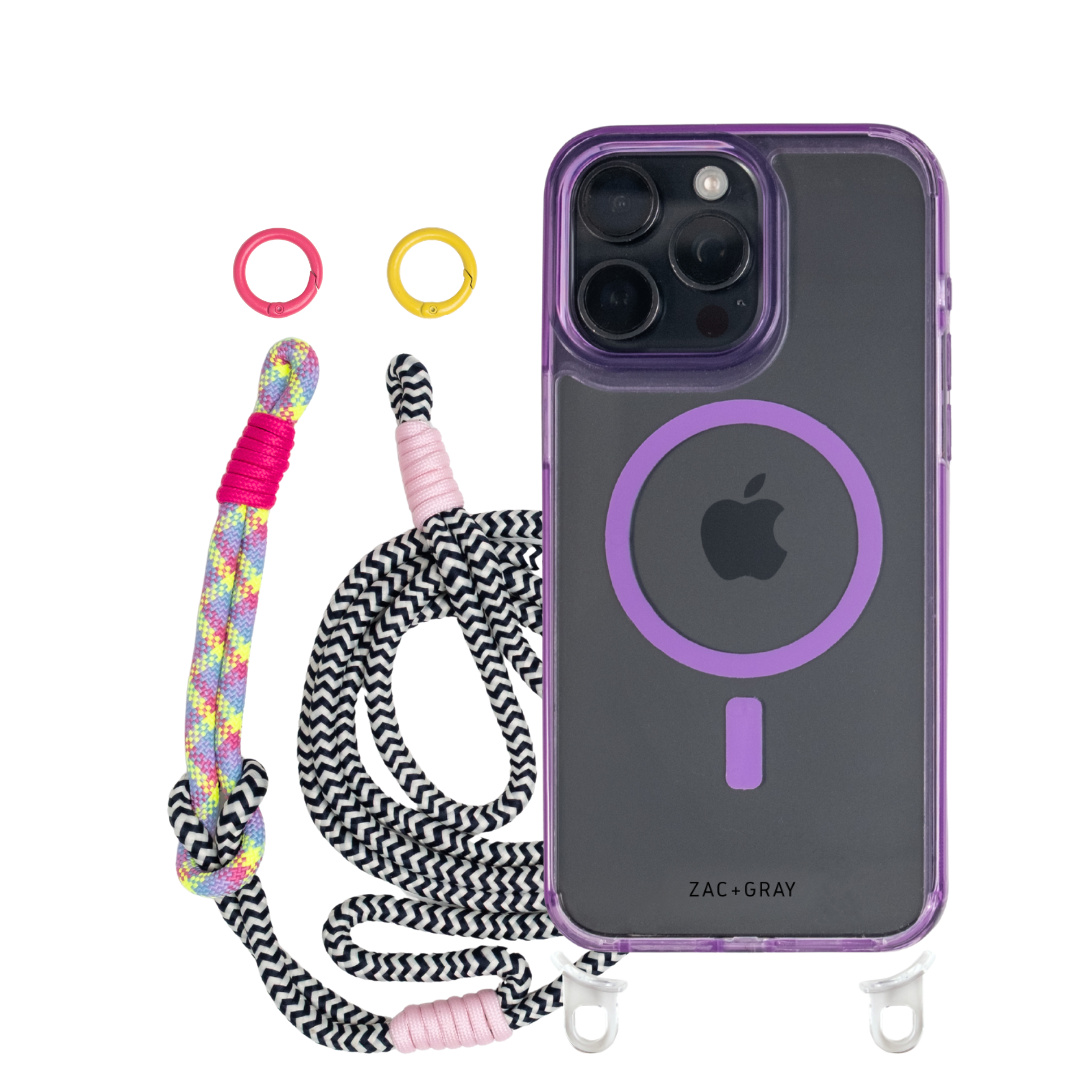 iPhone 14 Plus and 15 Plus LAVENDER TRANSPARENT CASE + KNOTTED CORD