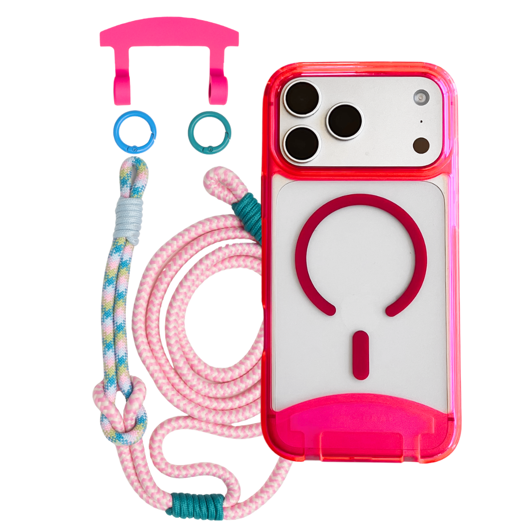 HOT PINK TRANSPARENT CASE WITH LAGOON BLOOM KNOTTED CORD - MAGSAFE