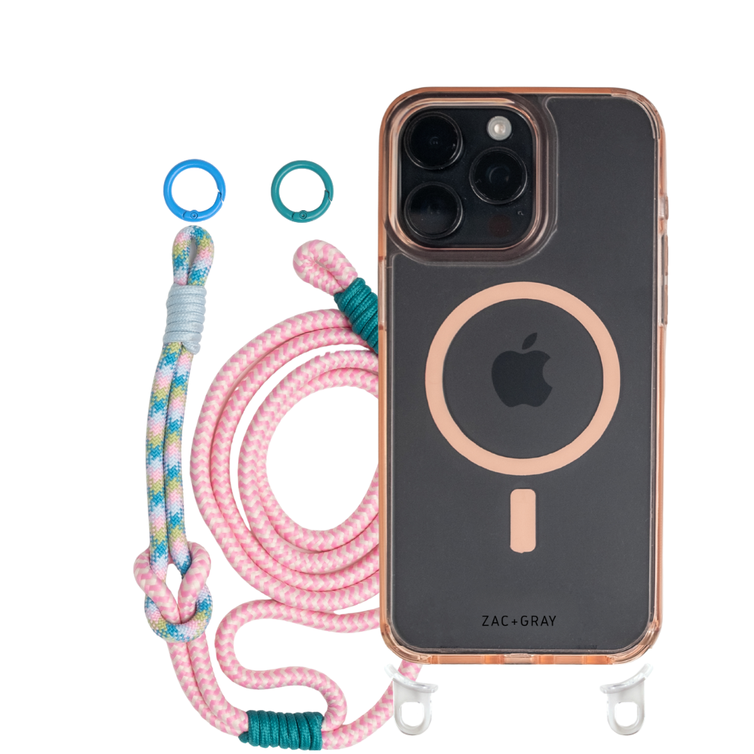 iPhone 16 Plus POWDER PINK TRANSPARENT CASE + KNOTTED CORD