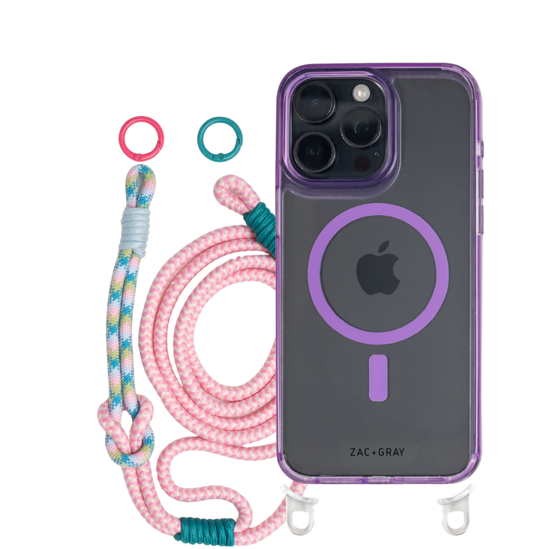 iPhone 14 Plus and 15 Plus LAVENDER TRANSPARENT CASE + KNOTTED CORD