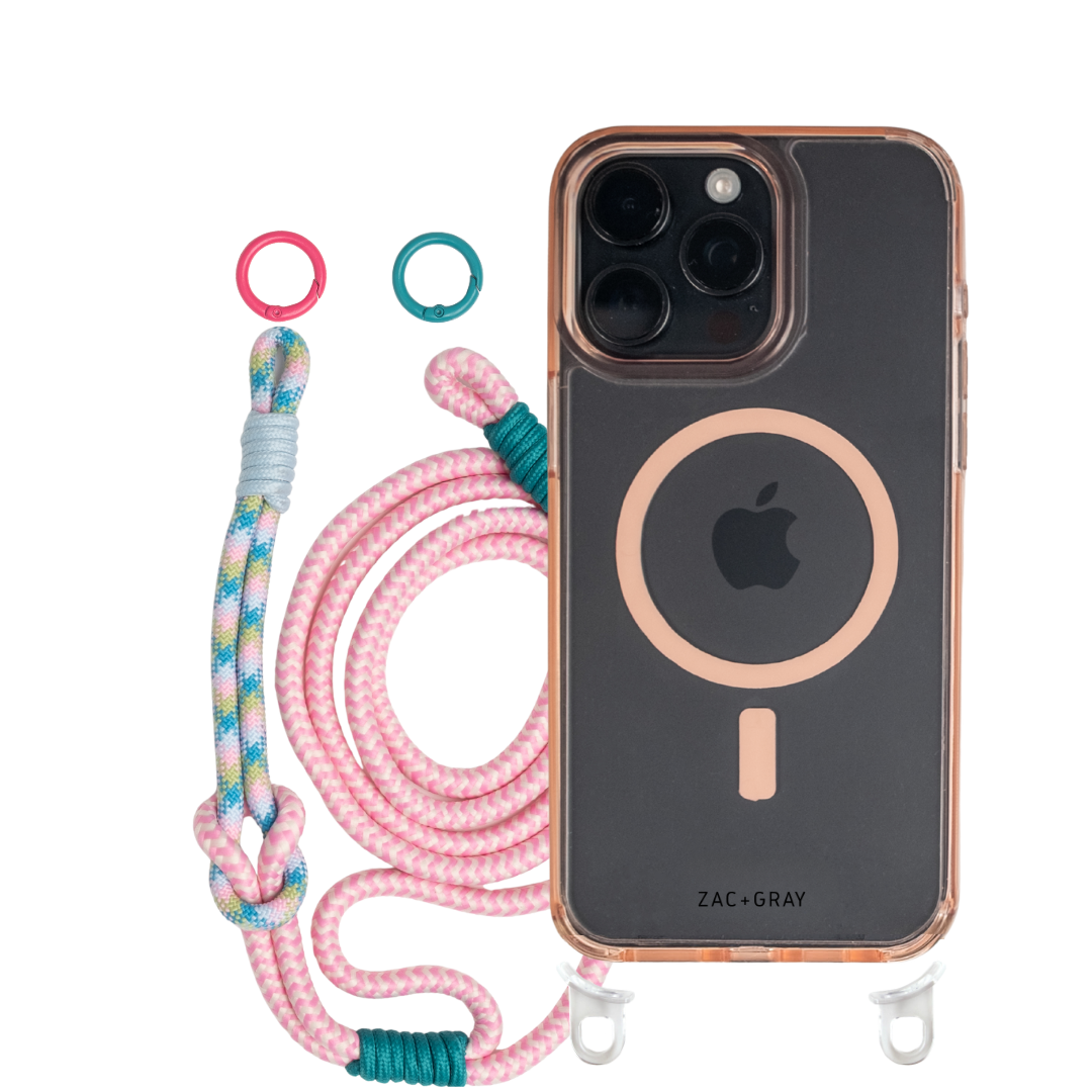 iPhone 16 Plus POWDER PINK TRANSPARENT CASE + KNOTTED CORD