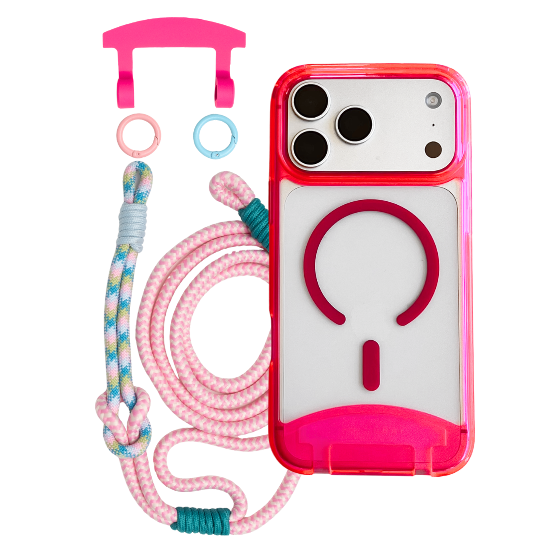 HOT PINK TRANSPARENT CASE WITH LAGOON BLOOM KNOTTED CORD - MAGSAFE