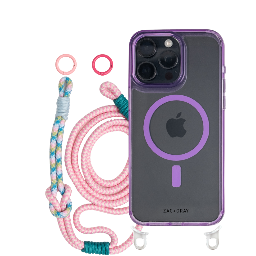 iPhone 14 Plus and 15 Plus LAVENDER TRANSPARENT CASE + KNOTTED CORD