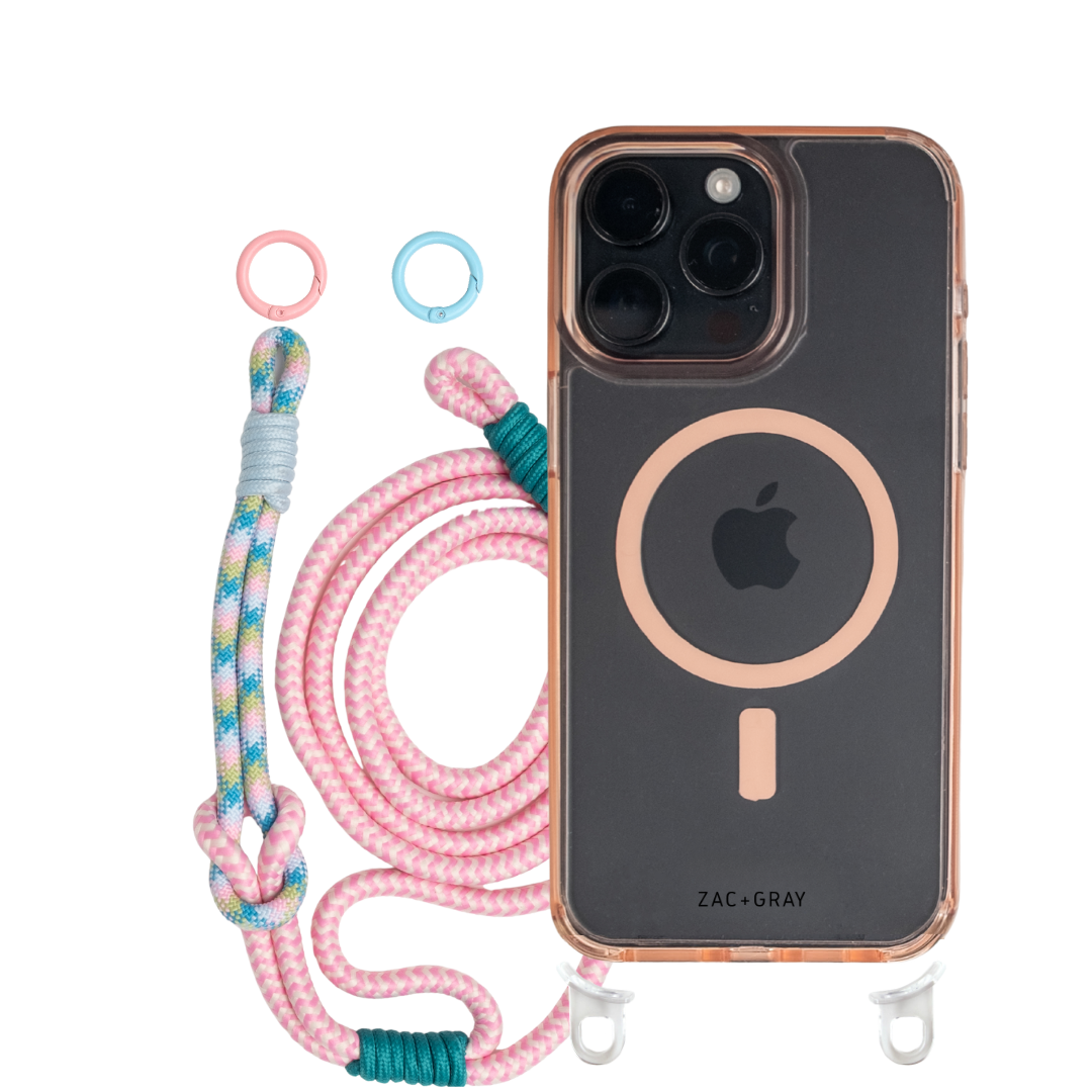 iPhone 16 Plus POWDER PINK TRANSPARENT CASE + KNOTTED CORD