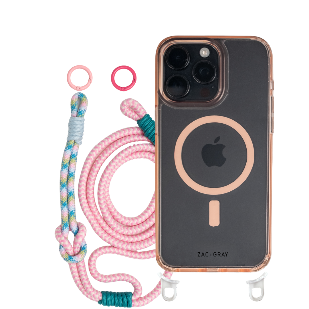 iPhone 16 Plus POWDER PINK TRANSPARENT CASE + KNOTTED CORD