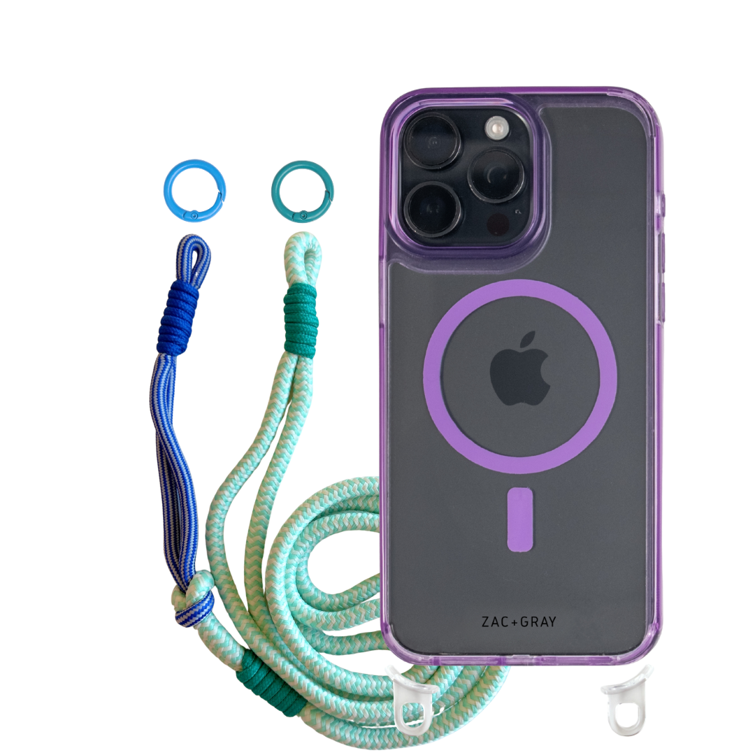 iPhone 14 Plus and 15 Plus LAVENDER TRANSPARENT CASE + KNOTTED CORD