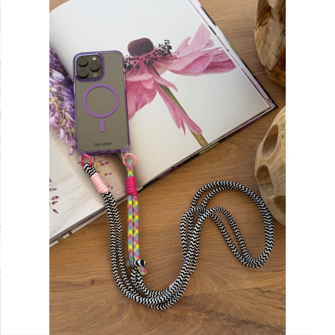 iPhone 14 Plus and 15 Plus LAVENDER TRANSPARENT CASE + KNOTTED CORD