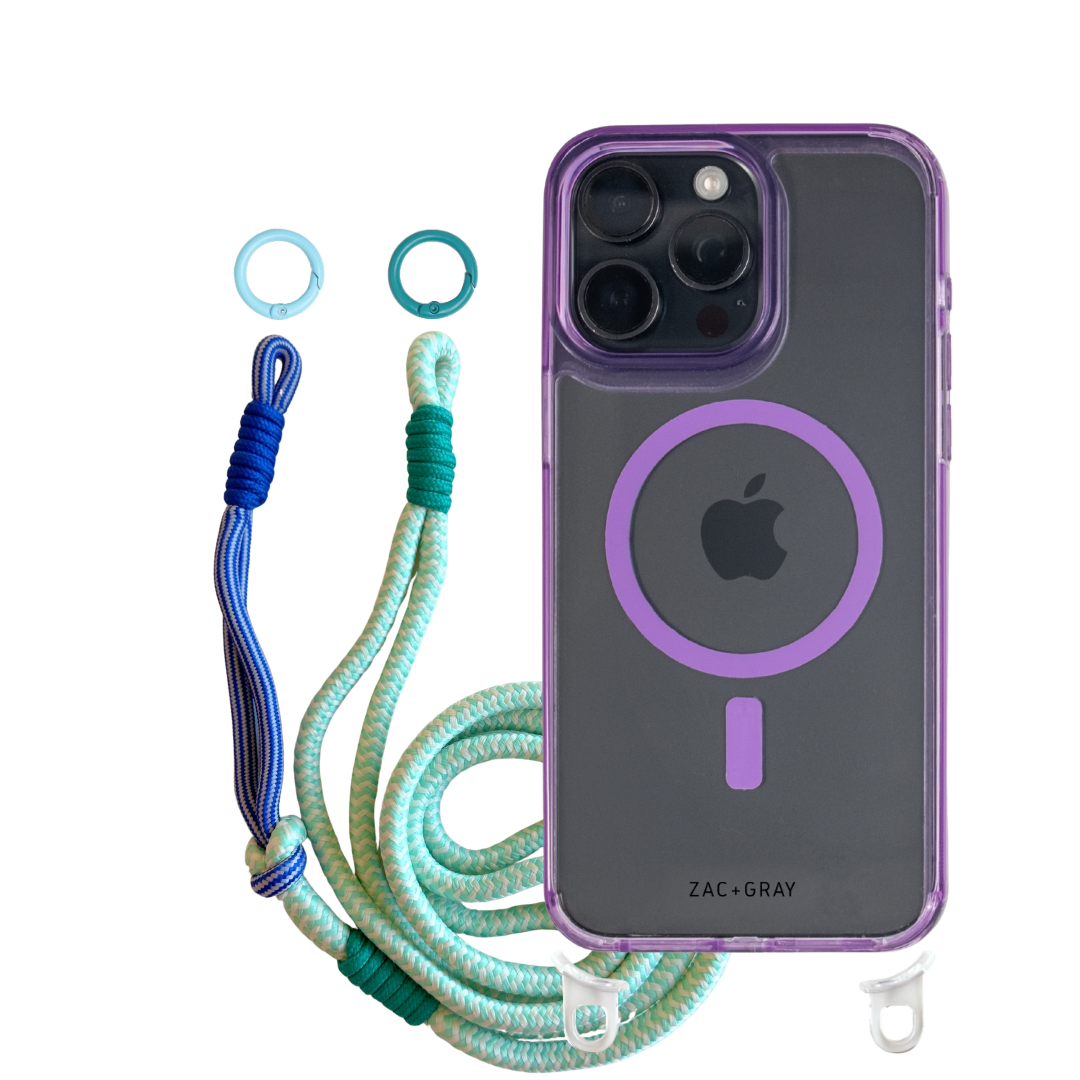 iPhone 14 Plus and 15 Plus LAVENDER TRANSPARENT CASE + KNOTTED CORD