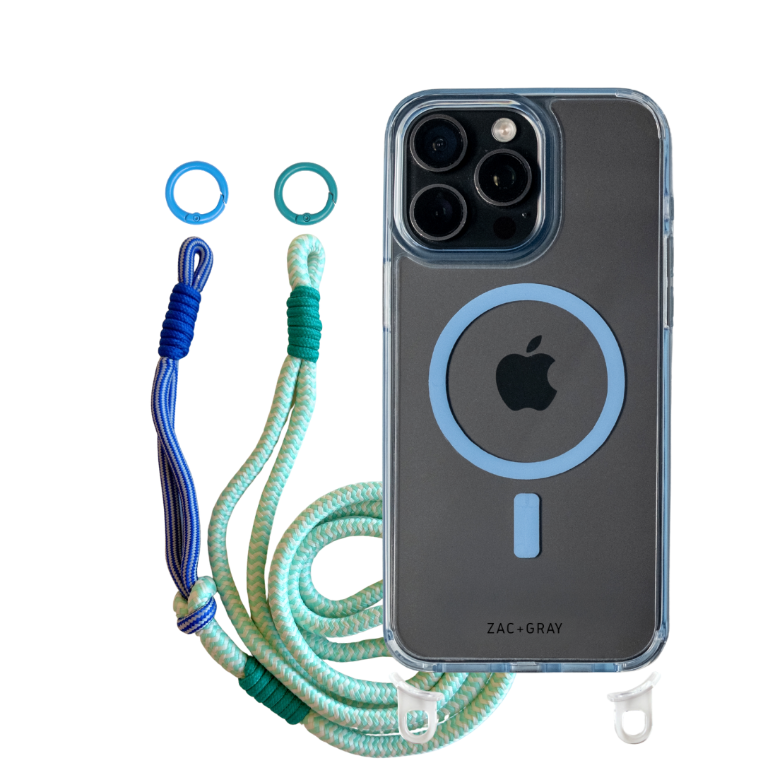 iPhone 16 Pro Max SKY BLUE TRANSPARENT CASE + KNOTTED CORD