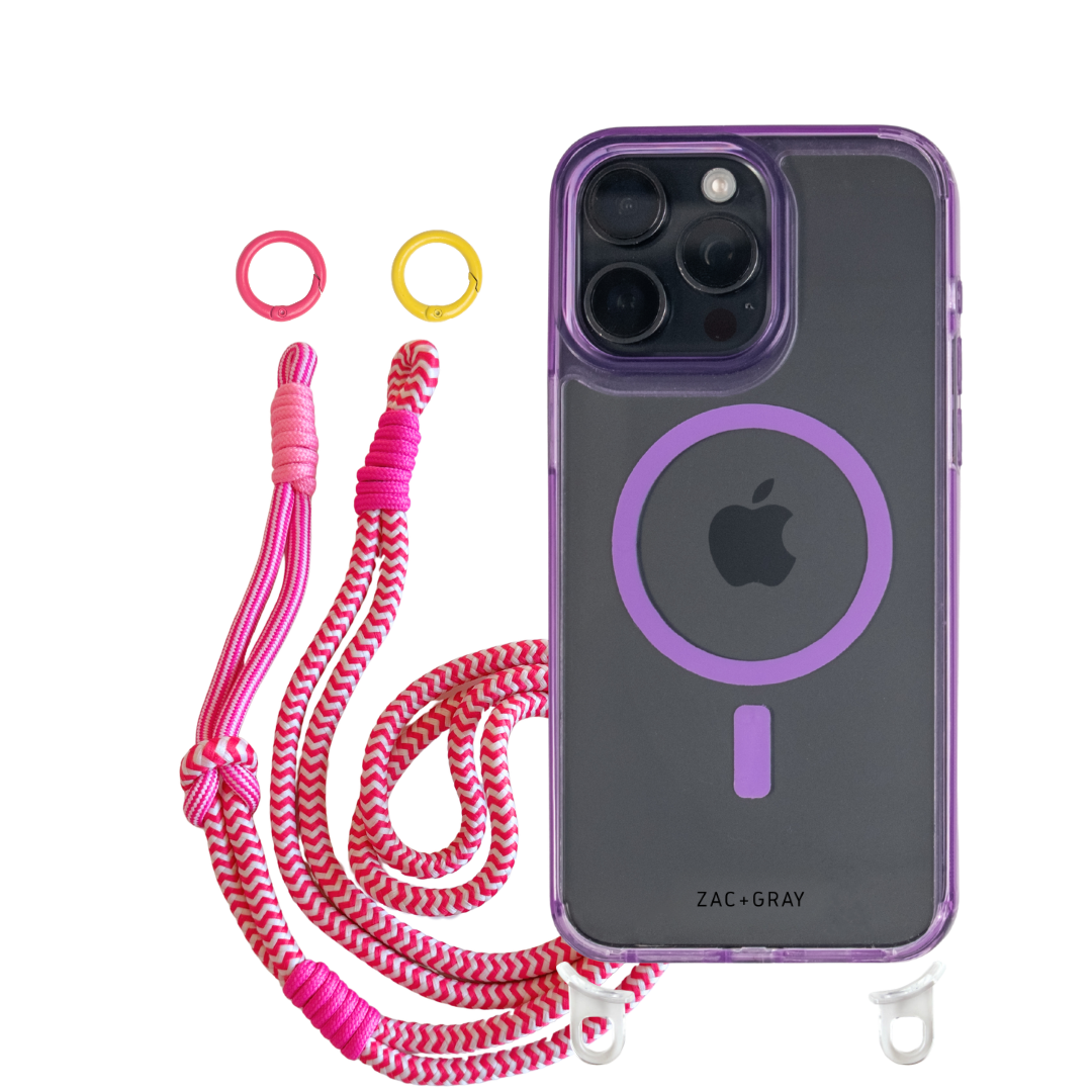 iPhone 14 Plus and 15 Plus LAVENDER TRANSPARENT CASE + KNOTTED CORD