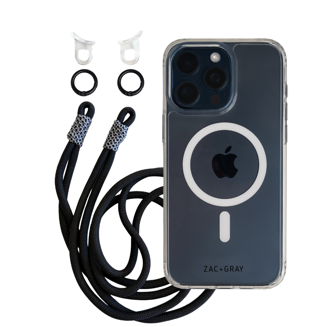 CRYSTAL CLEAR TRANSPARENT CASE WITH MIDNIGHT BLOOM KNOTTED CORD - MAGSAFE