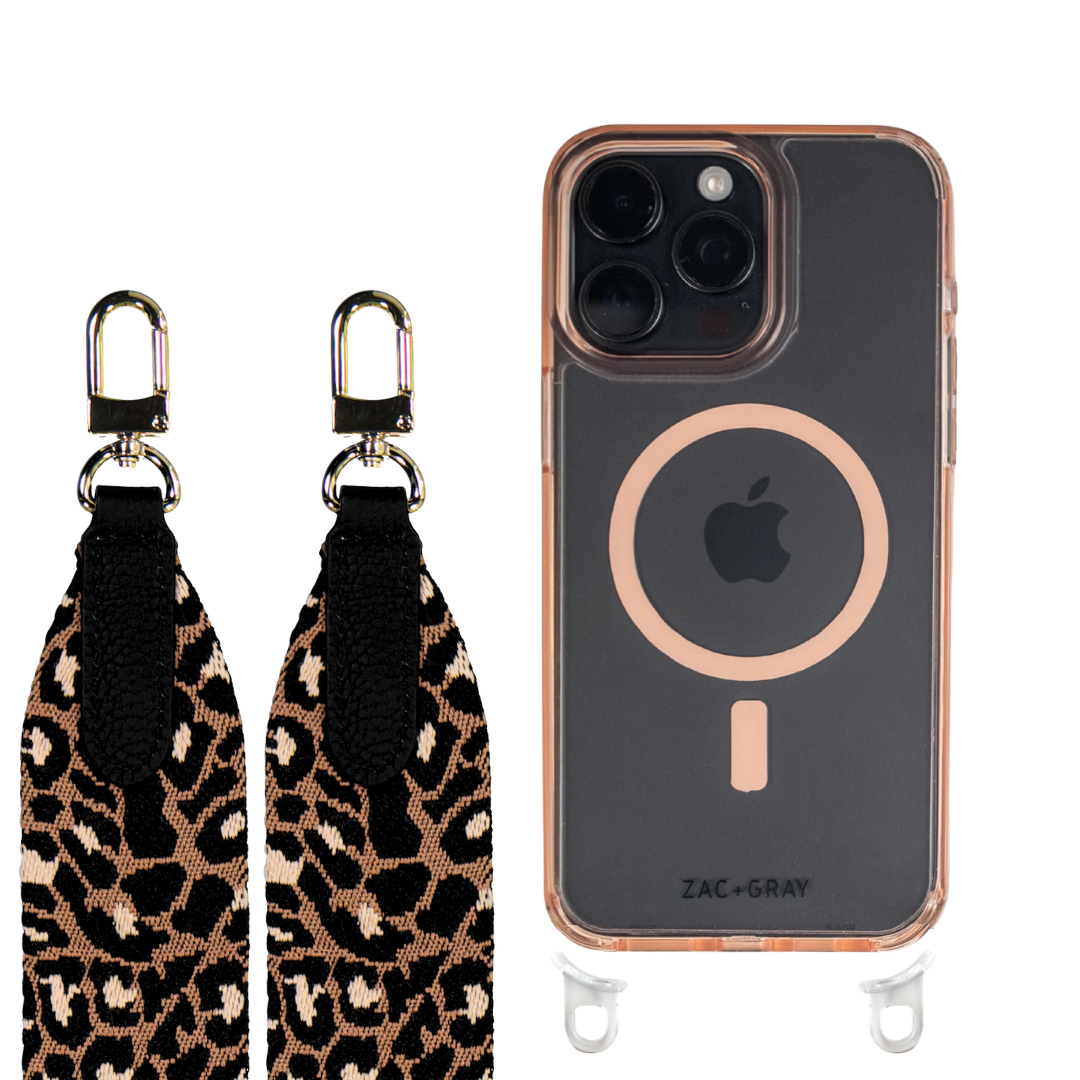 iPhone 16 Plus POWDER PINK TRANSPARENT CASE + PATTERNED STRAP