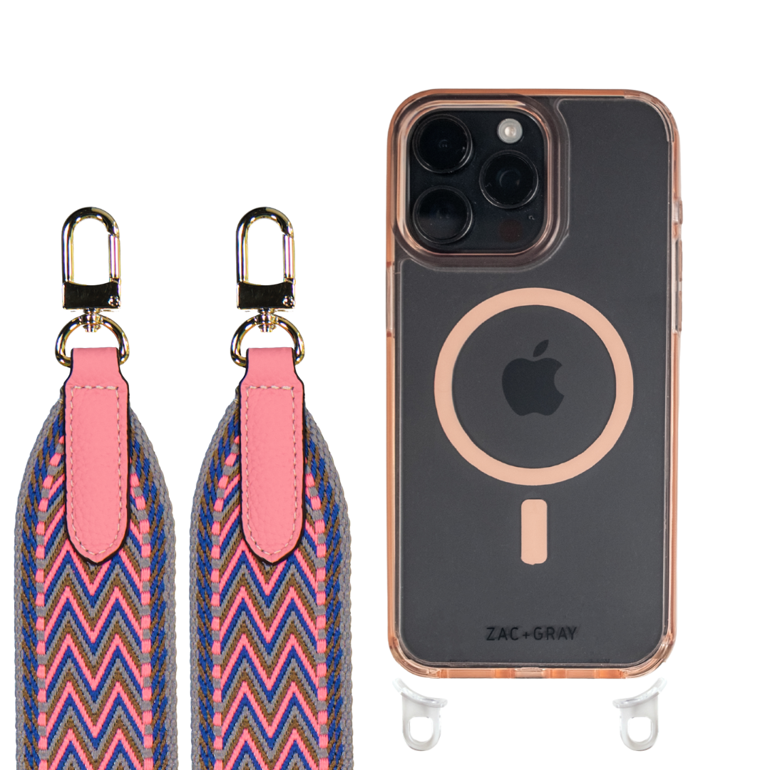iPhone 16 Plus POWDER PINK TRANSPARENT CASE + PATTERNED STRAP