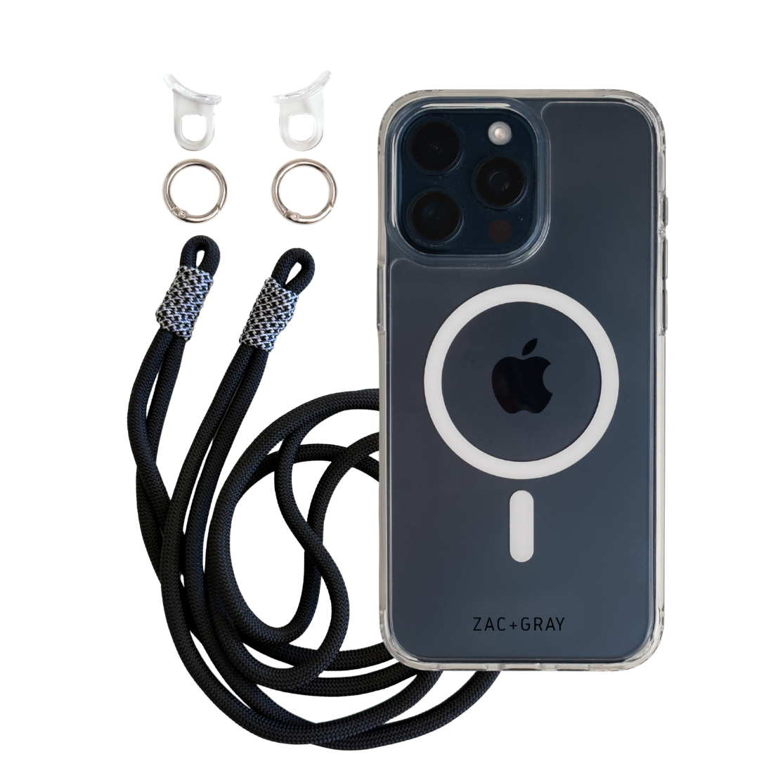 CRYSTAL CLEAR TRANSPARENT CASE WITH MIDNIGHT BLOOM KNOTTED CORD - MAGSAFE