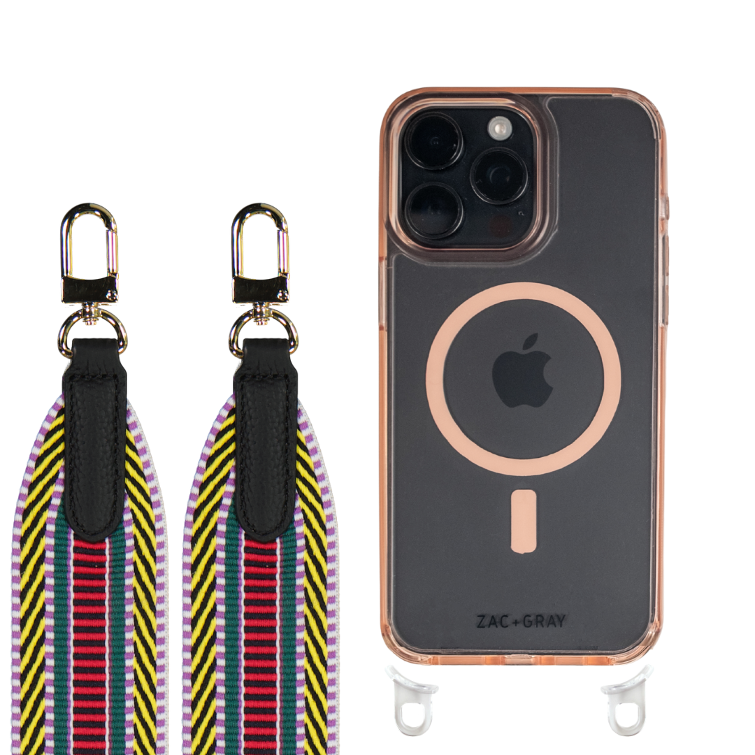 iPhone 16 Plus POWDER PINK TRANSPARENT CASE + PATTERNED STRAP