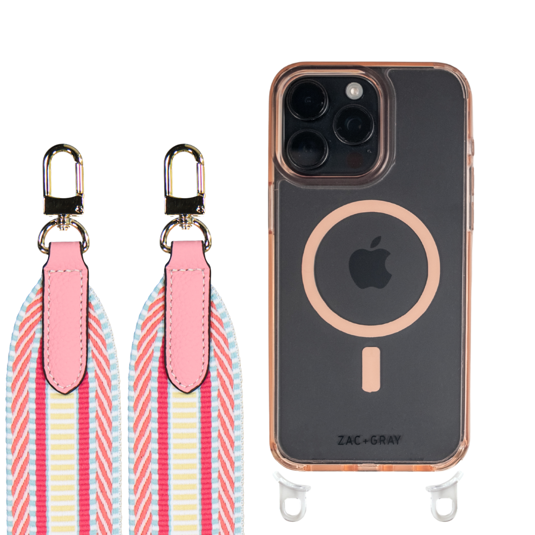 iPhone 16 Plus POWDER PINK TRANSPARENT CASE + PATTERNED STRAP
