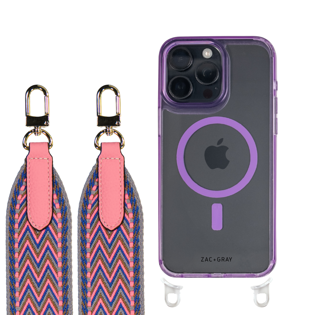 iPhone 16 LAVENDER TRANSPARENT CASE + PATTERNED STRAP