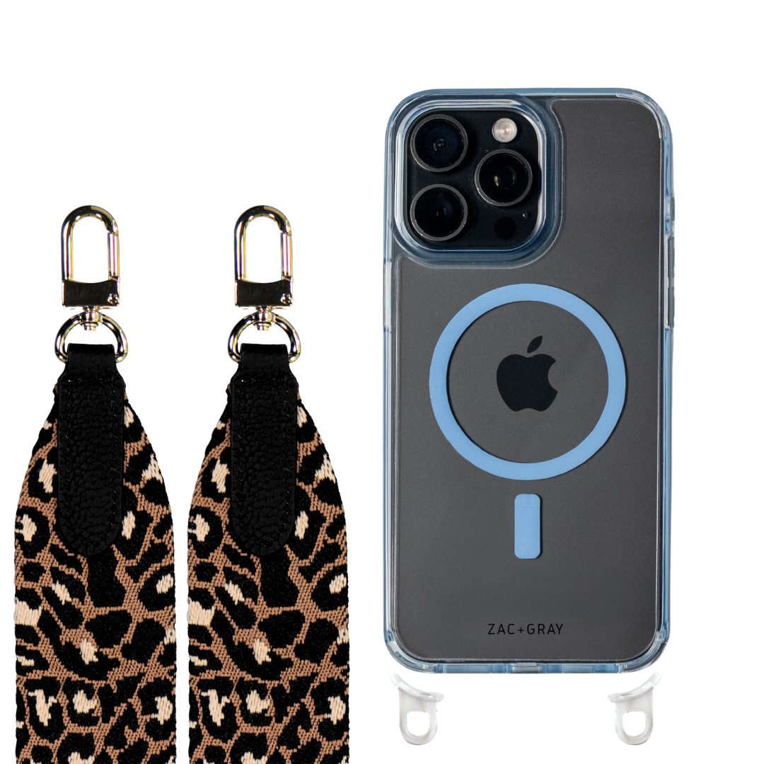 iPhone 16 Pro SKY BLUE TRANSPARENT CASE + PATTERNED STRAP
