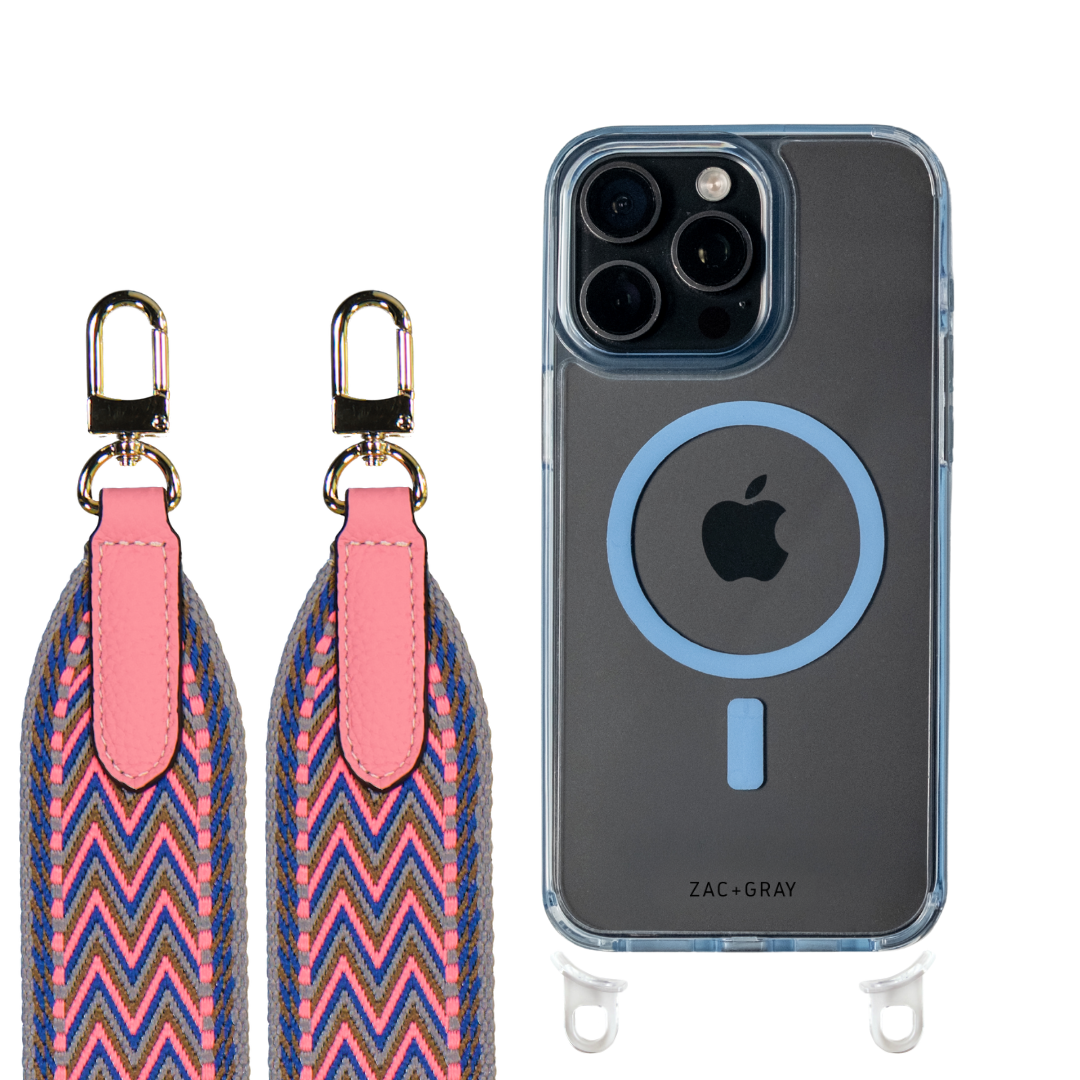 iPhone 16 Pro SKY BLUE TRANSPARENT CASE + PATTERNED STRAP
