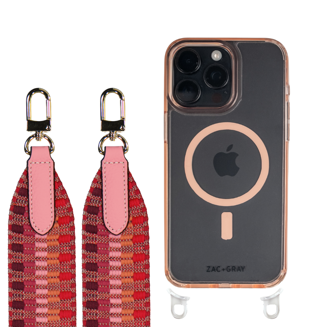 iPhone 16 Plus POWDER PINK TRANSPARENT CASE + PATTERNED STRAP