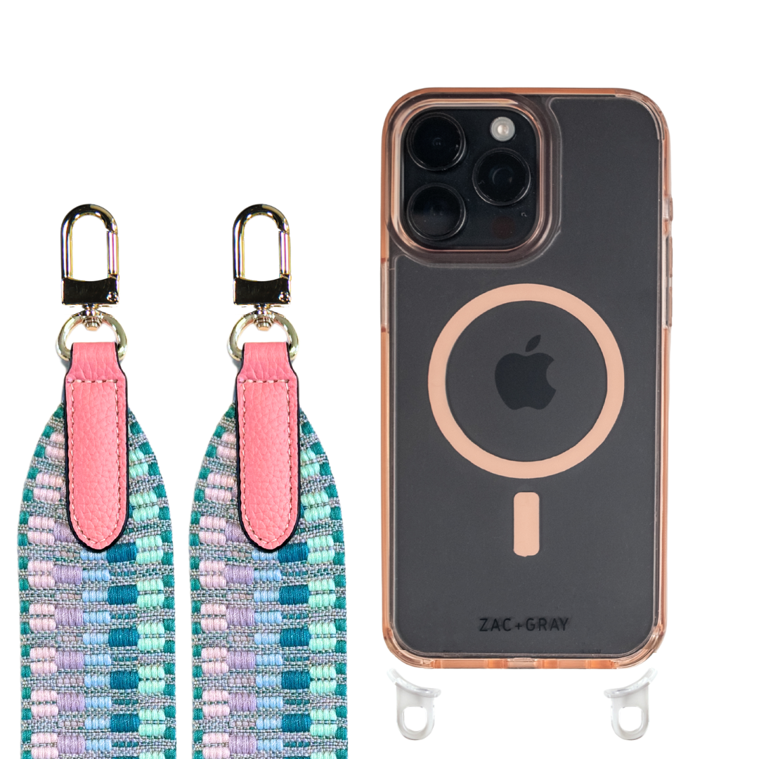 iPhone 16 Plus POWDER PINK TRANSPARENT CASE + PATTERNED STRAP