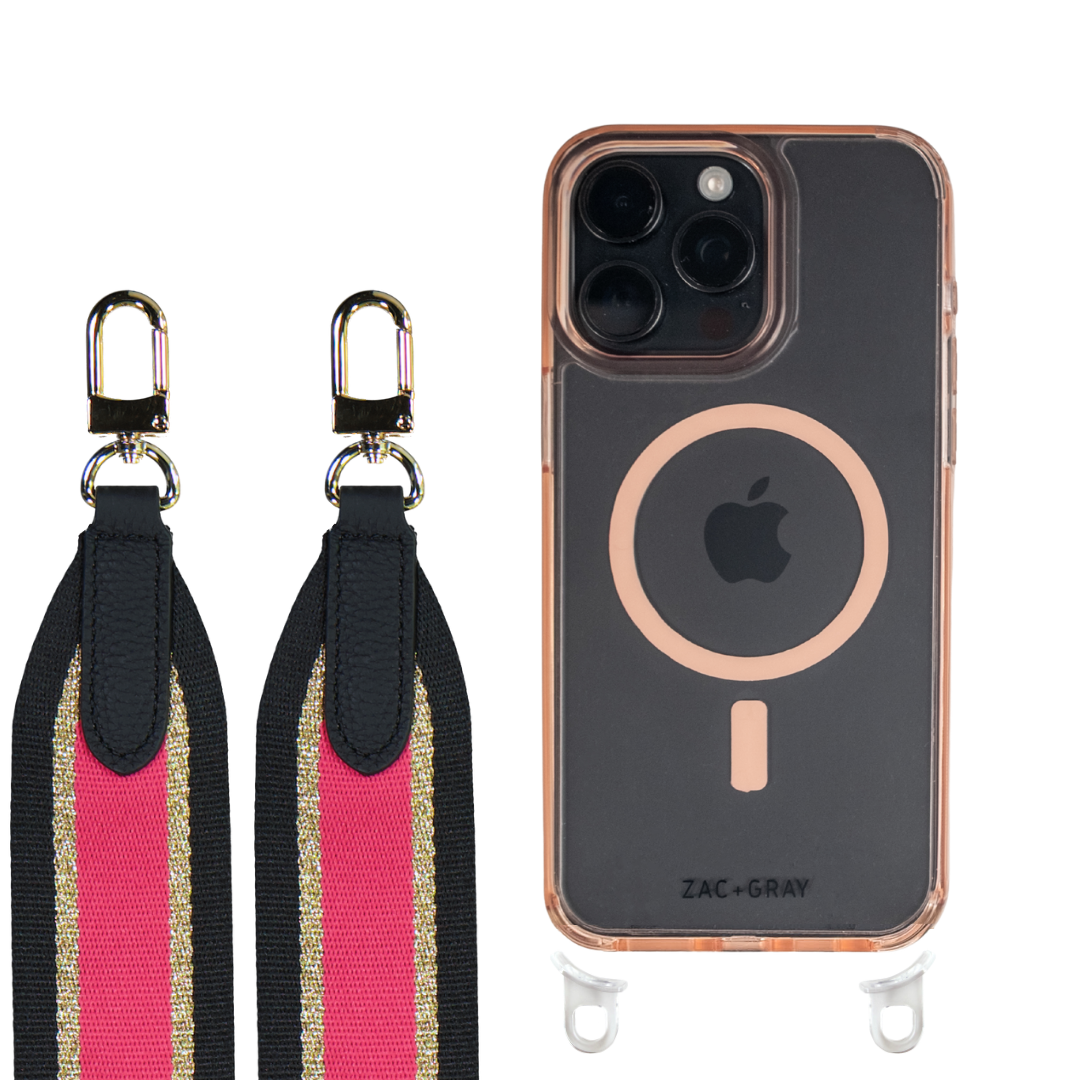 iPhone 16 Plus POWDER PINK TRANSPARENT CASE + PATTERNED STRAP