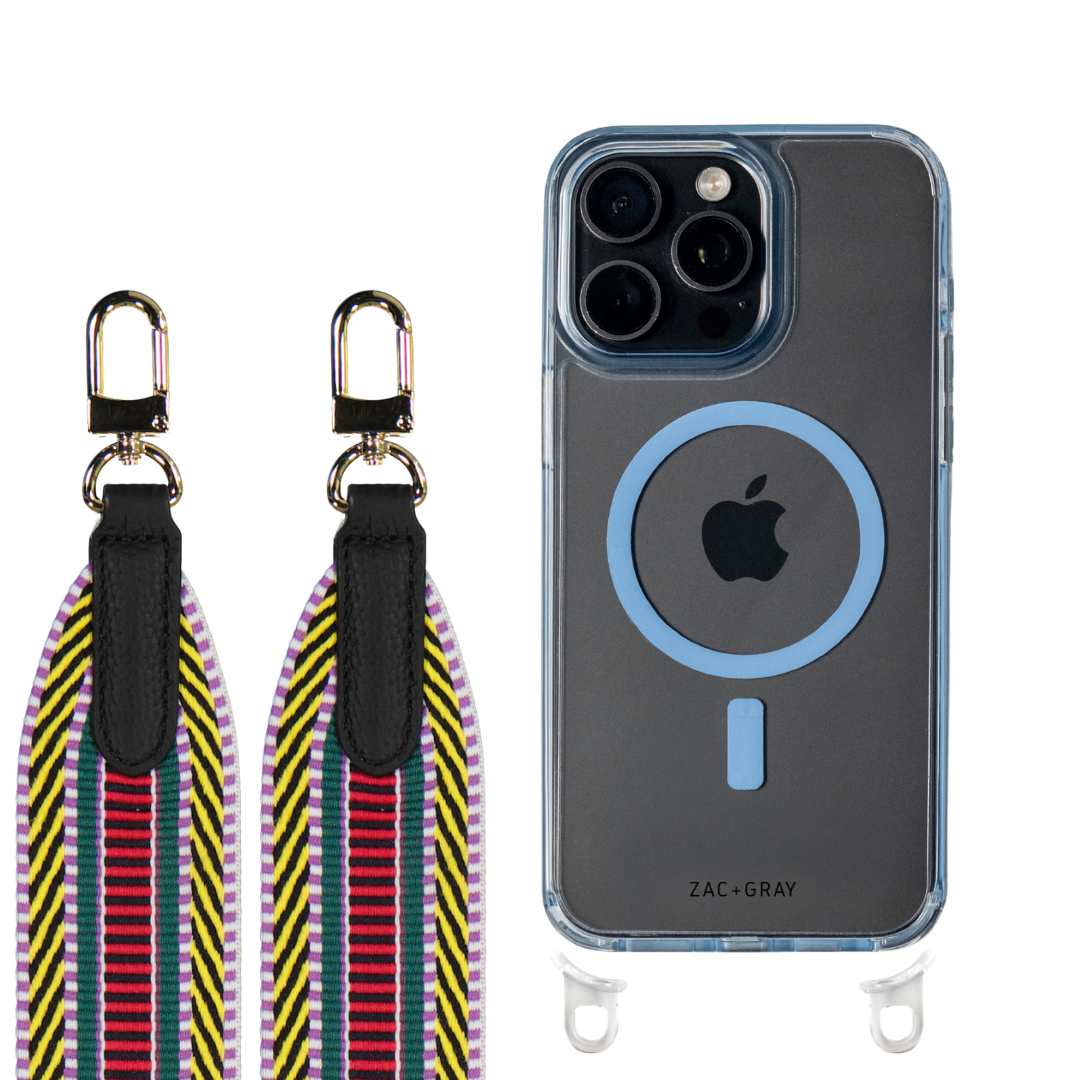 iPhone 16 Pro SKY BLUE TRANSPARENT CASE + PATTERNED STRAP