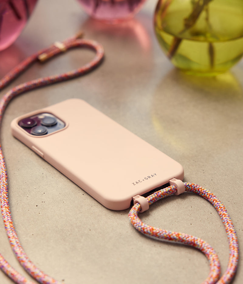 iPhone 14 Plus ROSÉ PINK CASE + RAINBOW RED CORD