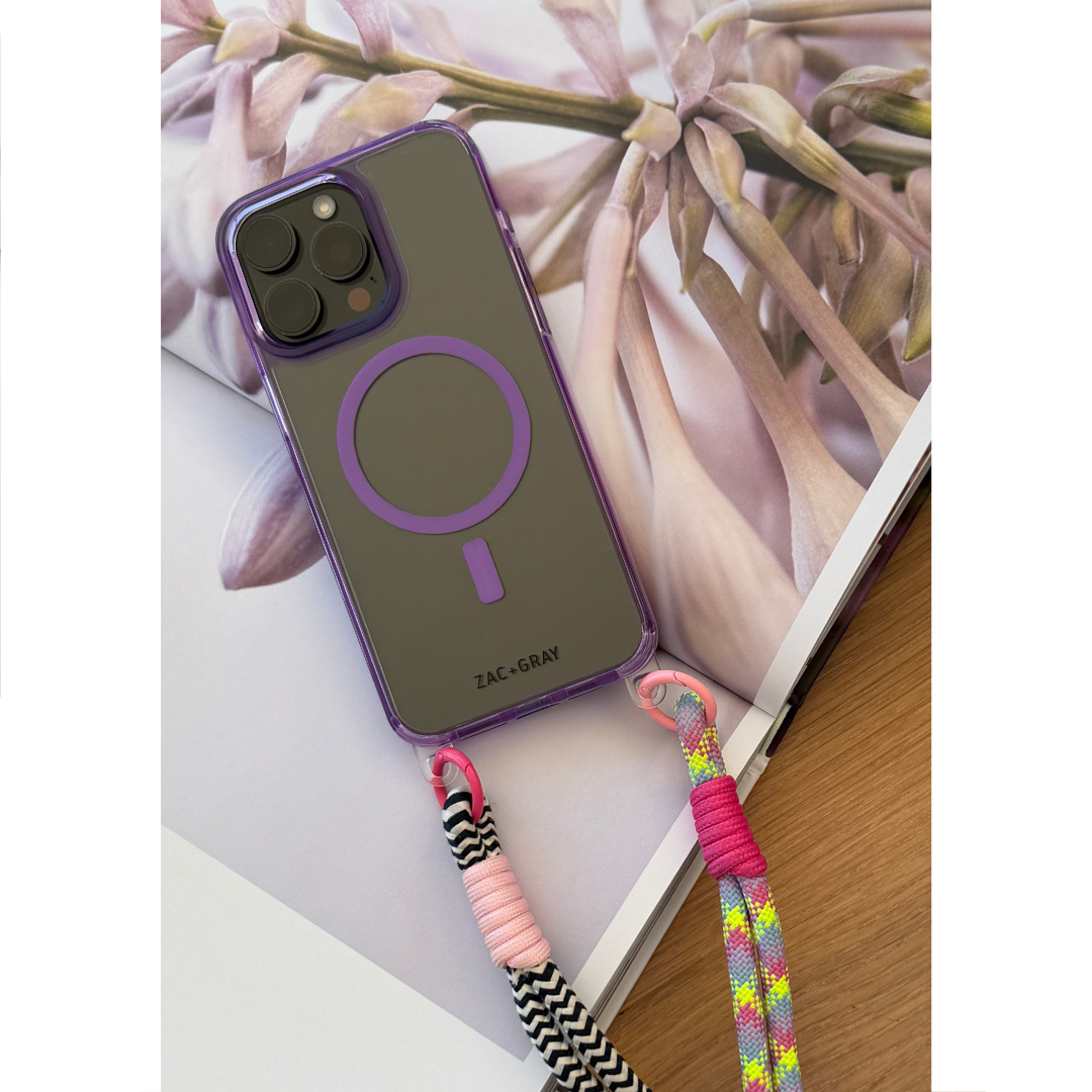 iPhone 14 Plus and 15 Plus LAVENDER TRANSPARENT CASE + KNOTTED CORD
