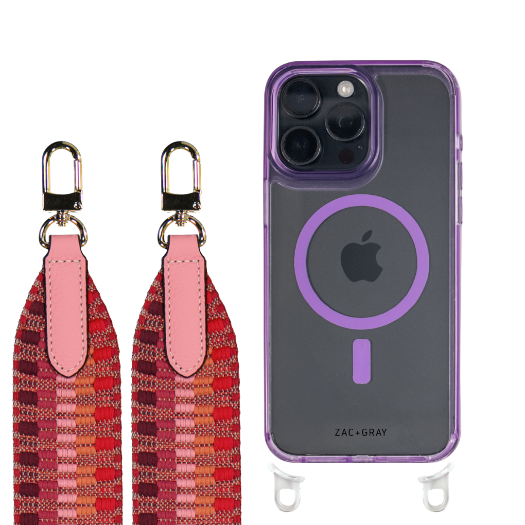 iPhone 16 LAVENDER TRANSPARENT CASE + PATTERNED STRAP