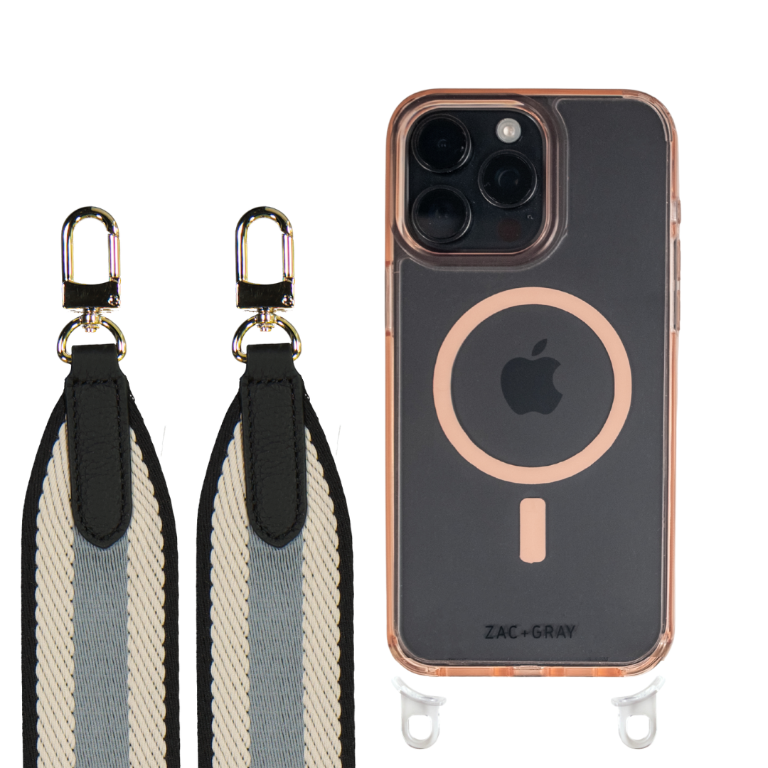 iPhone 16 Plus POWDER PINK TRANSPARENT CASE + PATTERNED STRAP