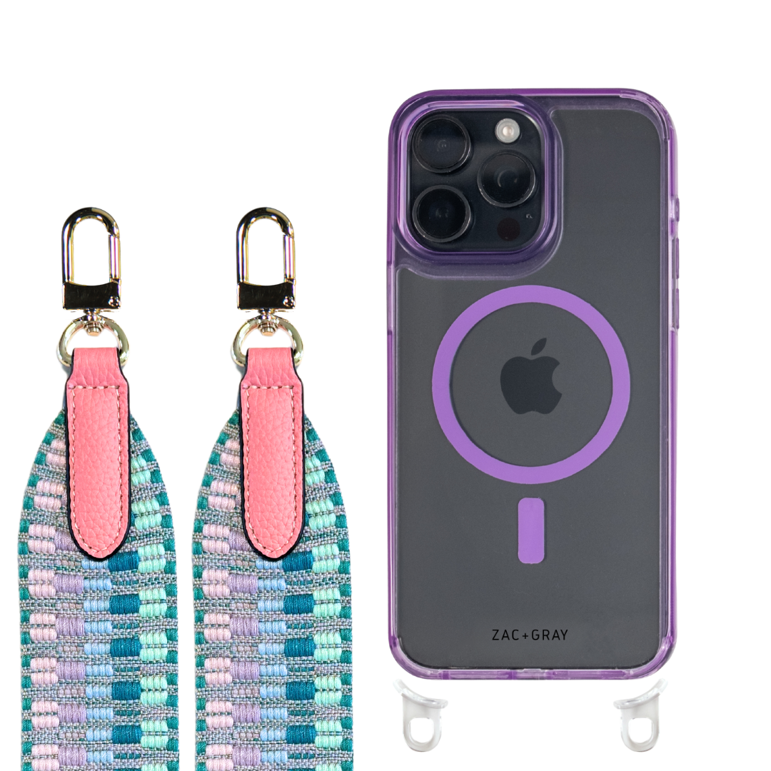iPhone 16 LAVENDER TRANSPARENT CASE + PATTERNED STRAP