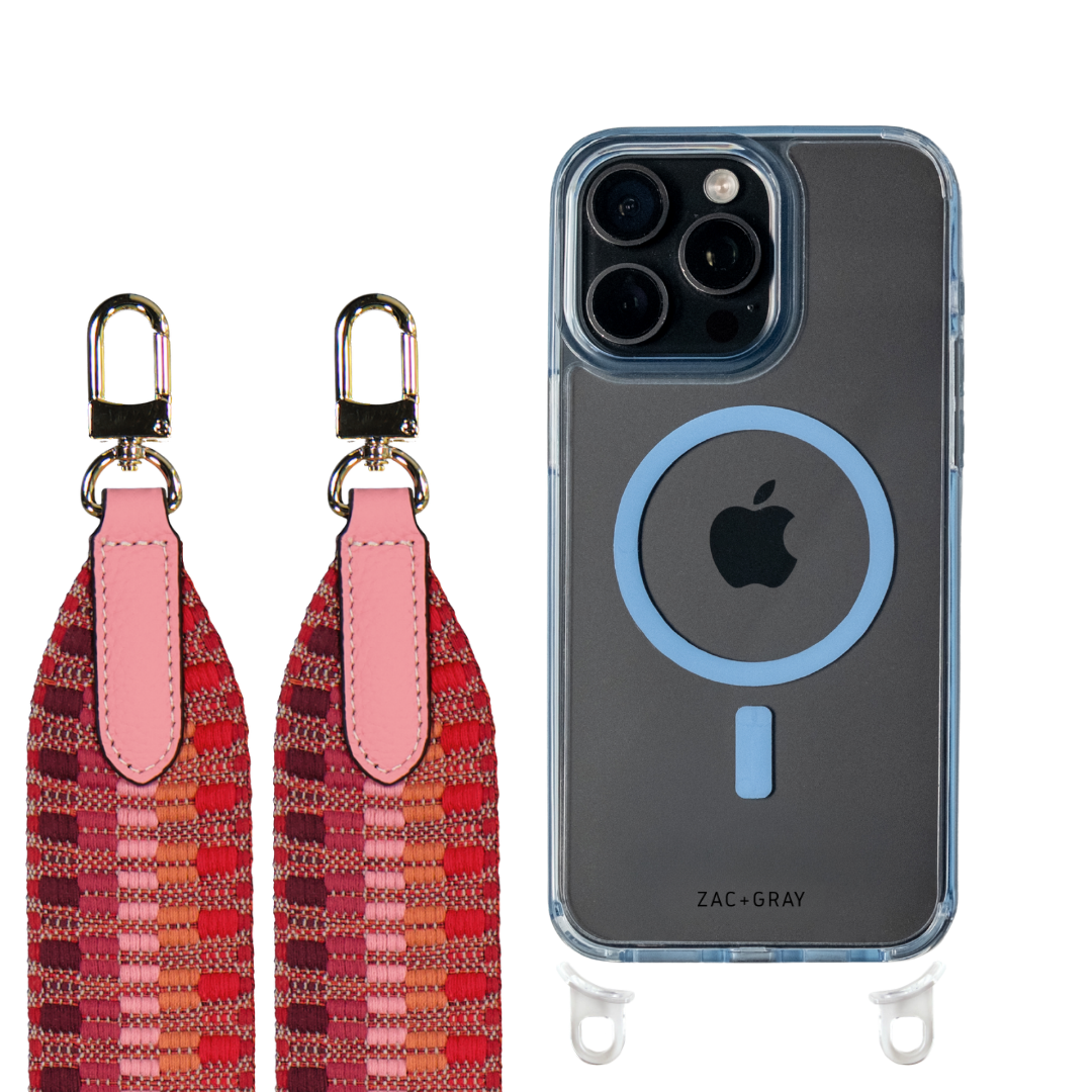 iPhone 16 Pro SKY BLUE TRANSPARENT CASE + PATTERNED STRAP