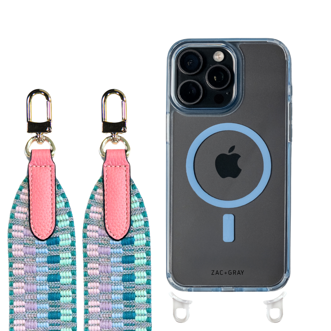 iPhone 16 Pro SKY BLUE TRANSPARENT CASE + PATTERNED STRAP