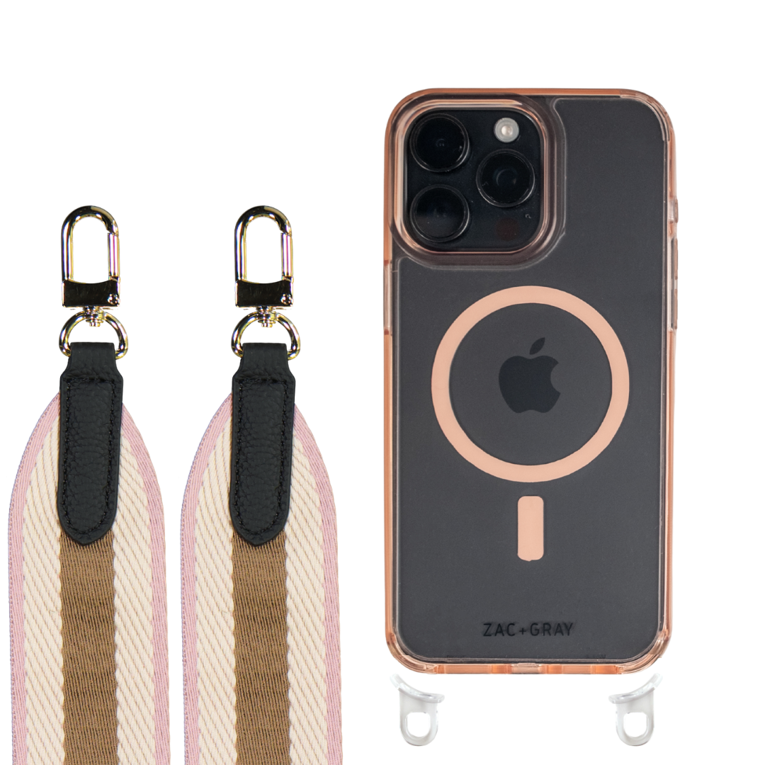 iPhone 16 Plus POWDER PINK TRANSPARENT CASE + PATTERNED STRAP