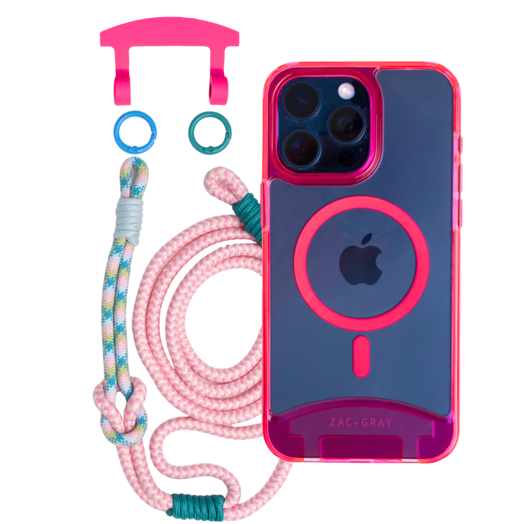 HOT PINK TRANSPARENT CASE WITH LAGOON BLOOM KNOTTED CORD - MAGSAFE