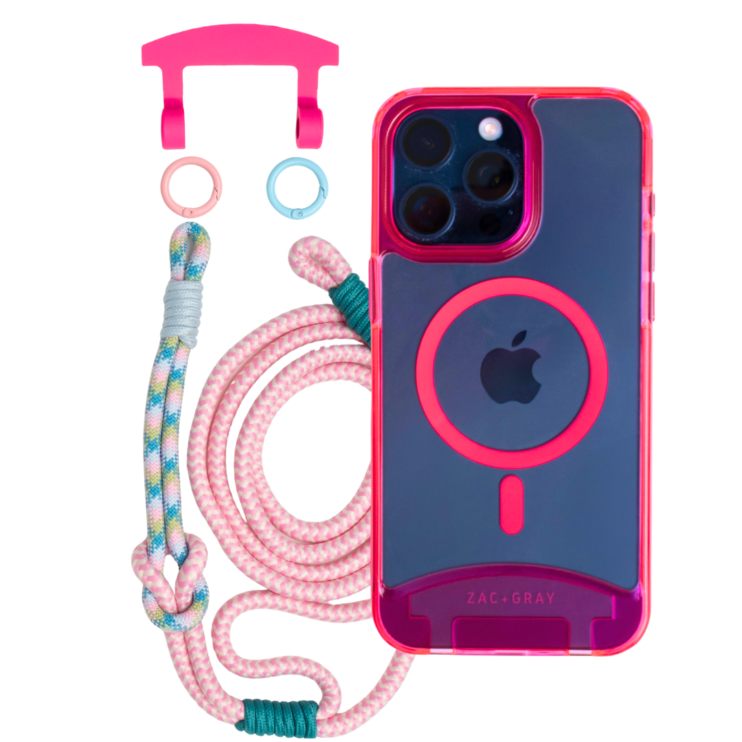 HOT PINK TRANSPARENT CASE WITH LAGOON BLOOM KNOTTED CORD - MAGSAFE